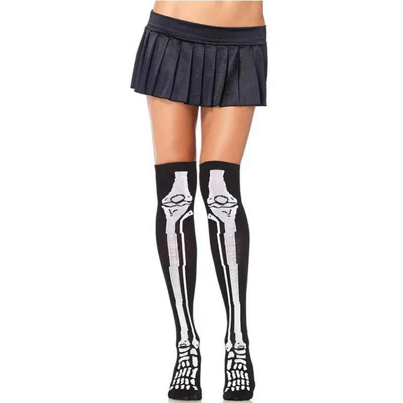 KissICON black and white Halloween April Fools Day Theme Party Role Playing Horror Skull Print Long Tube Tight Stockings Costume Women Festival
