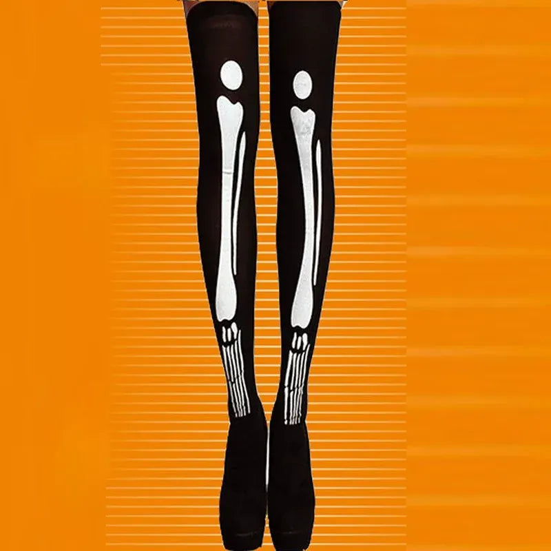 KissICON black and white Halloween April Fools Day Theme Party Role Playing Horror Skull Print Long Tube Tight Stockings Costume Women Festival