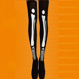 KissICON black and white Halloween April Fools Day Theme Party Role Playing Horror Skull Print Long Tube Tight Stockings Costume Women Festival