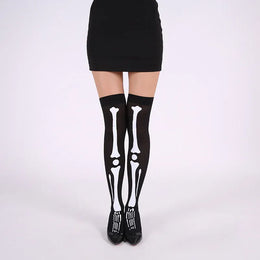 KissICON black and white Halloween April Fools Day Theme Party Role Playing Horror Skull Print Long Tube Tight Stockings Costume Women Festival