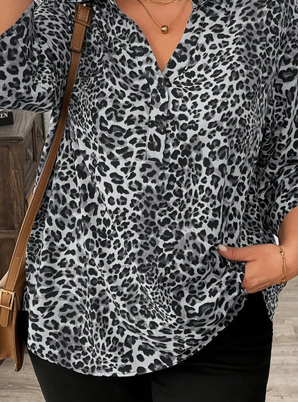 KissICON Black And White Leopard Print / UK 16 Plus Size - Plus Size - Women'S Plus-Size Trendy Leopard Print V-Neck Top, a Must-Have Fashion Item Featuring Popular Leopard Print with 3/4 Sleeves., This Classic Round Neck Blouse Features Short Rolled Sleeves with a Flared