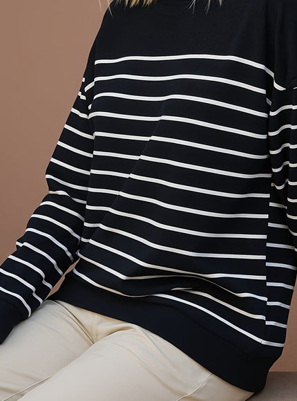 jkthpu-45 Black And White Stripes / UK 18 Plus Size, Women's Plus Size Round Neck Long
