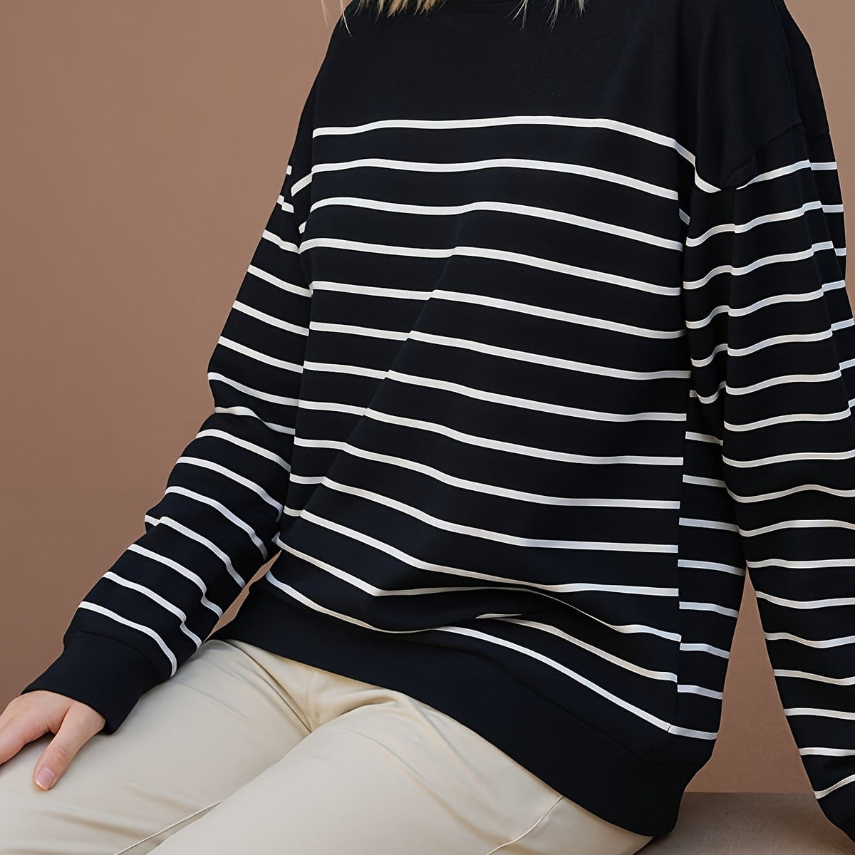 jkthpu-45 Black And White Stripes / UK 18 Plus Size, Women's Plus Size Round Neck Long
