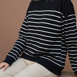 jkthpu-45 Black And White Stripes / UK 18 Plus Size, Women's Plus Size Round Neck Long