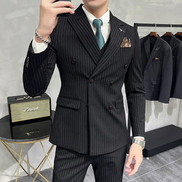 KissICON Black / Asia 7XL (US 3XL) Luxury Striped DoubleBreasted Mens Groom Wedding Suit