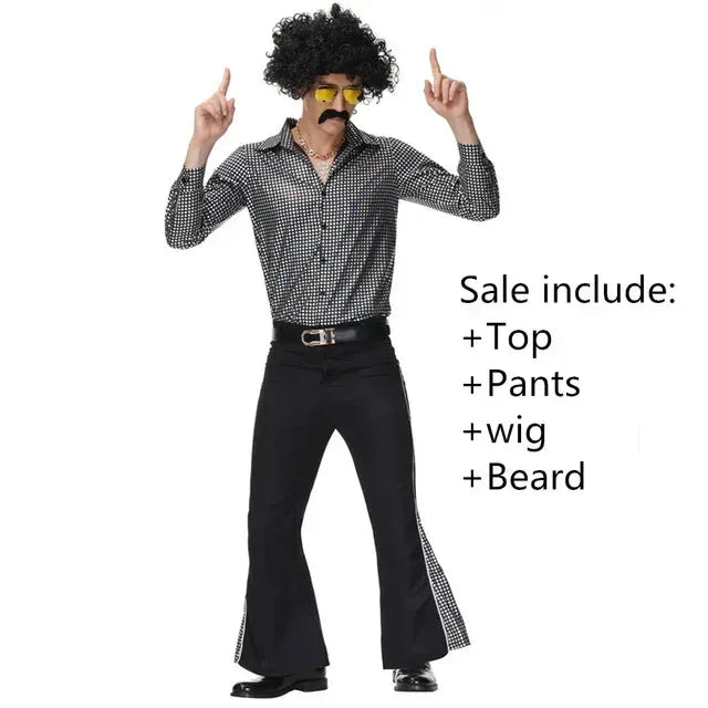 KissICON Black B / M Halloween Hippie Costumes Set 70s 80s Cosplay Men Fancy Disguise Costume Carnival Party Vintage Rock Disco Night Club Clothes