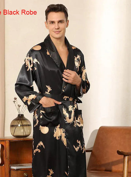 KissICON Black B / XL Mens Dragon Print Satin Kimono Robe  Pants Pajama Set