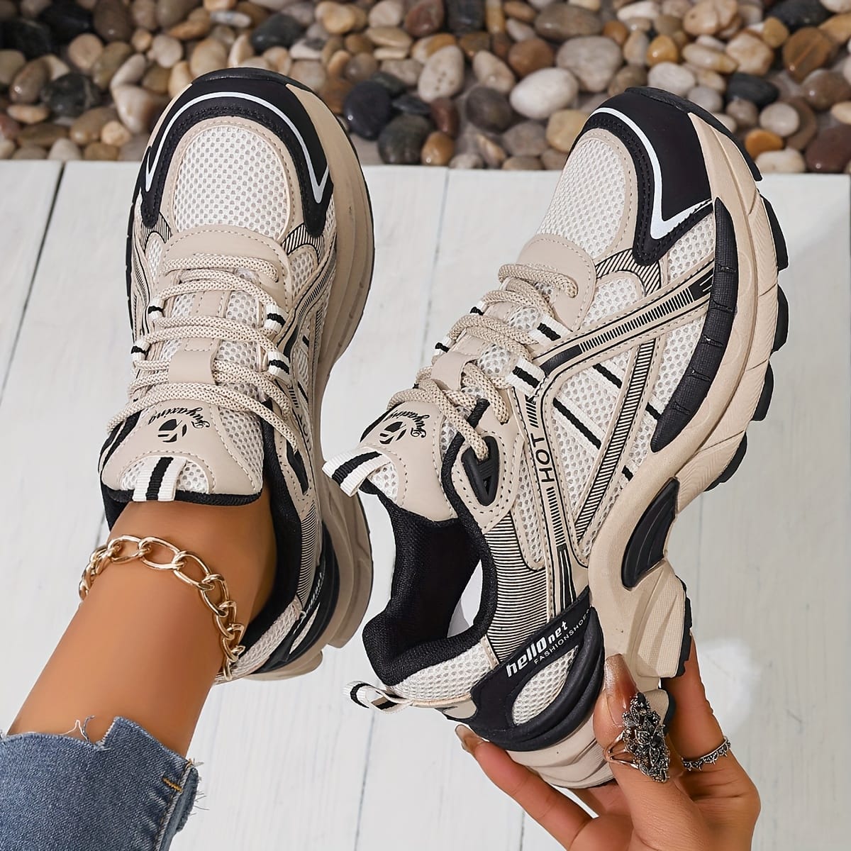 jkthpu-45 Black Beige / UK 3 Chic Black White Mesh LaceUp Sneakers Comfort for Day  Light Exercise