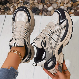 jkthpu-45 Black Beige / UK 3 Chic Black White Mesh LaceUp Sneakers Comfort for Day  Light Exercise