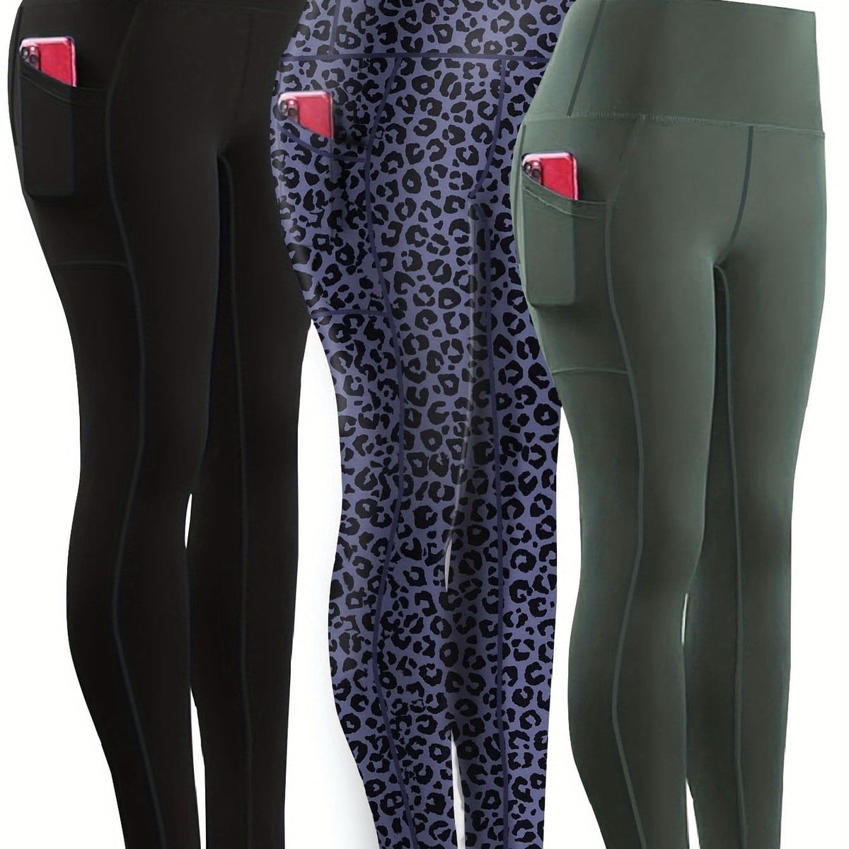 jkthpu-45 Black/blue Leopard Print/green / UK 16 Three-piece Set, Sports Yoga Pants for Women, High