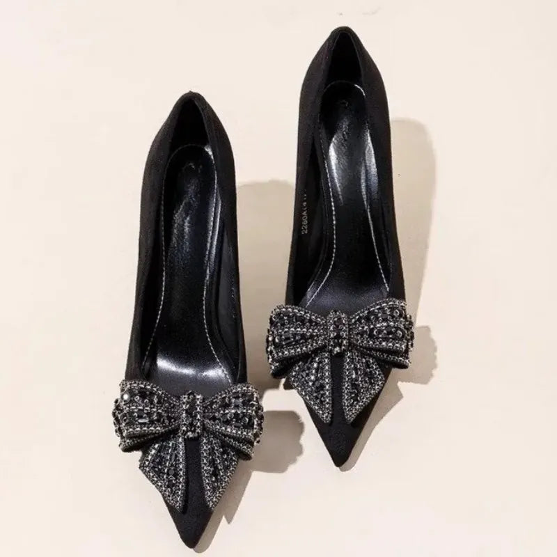 KissICON Black Bow Rhinestone Super High Heels Women Spring
