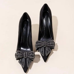 KissICON Black Bow Rhinestone Super High Heels Women Spring