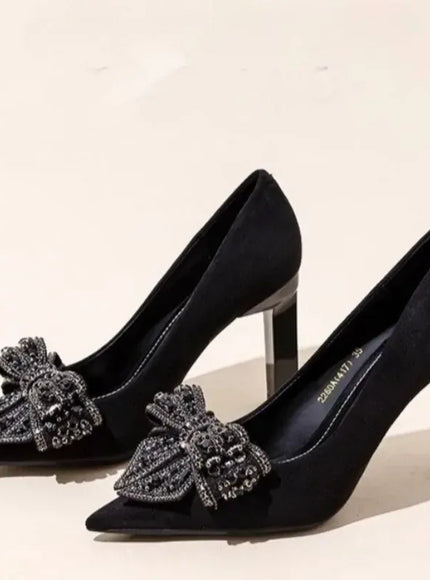 KissICON Black Bow Rhinestone Super High Heels Women Spring