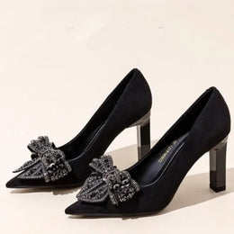 KissICON Black Bow Rhinestone Super High Heels Women Spring