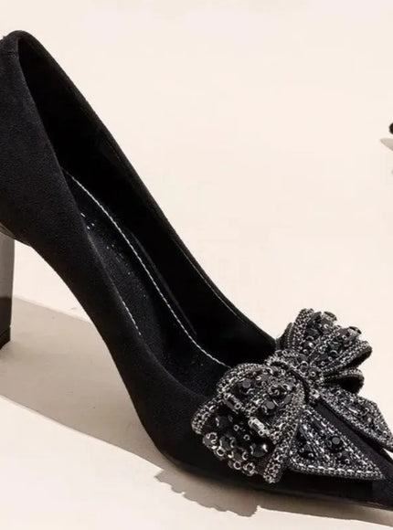 KissICON Black Bow Rhinestone Super High Heels Women Spring
