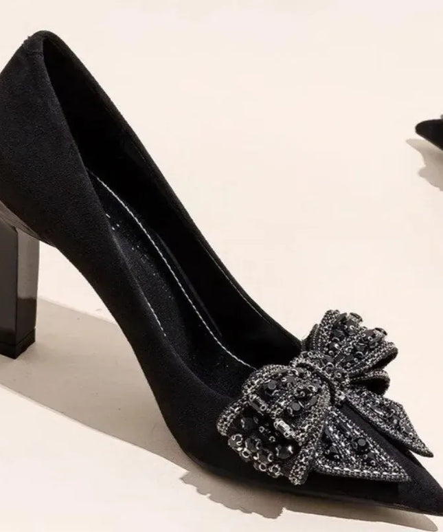 KissICON Black Bow Rhinestone Super High Heels Women Spring