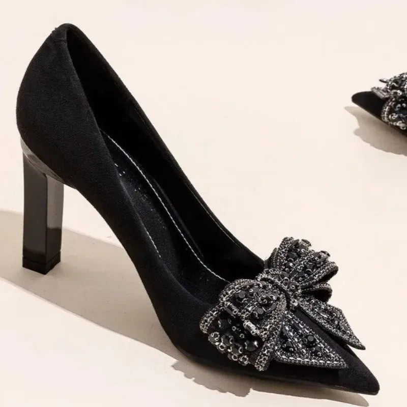 KissICON Black Bow Rhinestone Super High Heels Women Spring