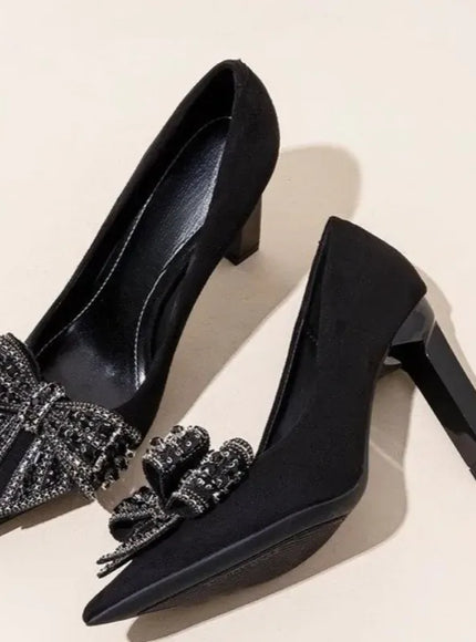 KissICON Black Bow Rhinestone Super High Heels Women Spring