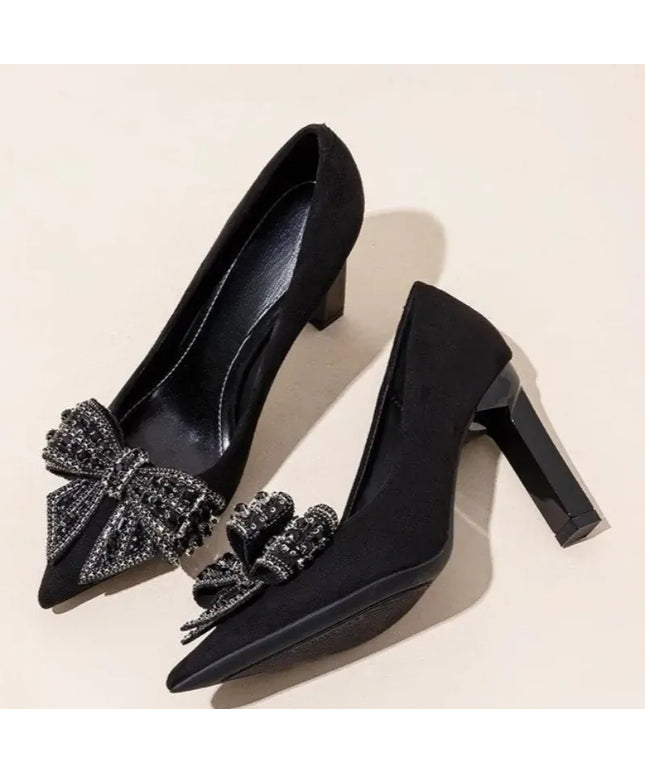 KissICON Black Bow Rhinestone Super High Heels Women Spring