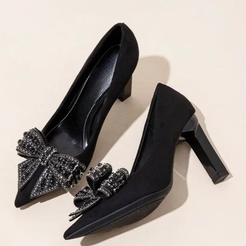 KissICON Black Bow Rhinestone Super High Heels Women Spring