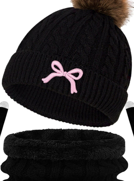 jkthpu-45 Black bow three-piece suit 3Pc Womens Cozy Winter Hat Scarf Gloves Set