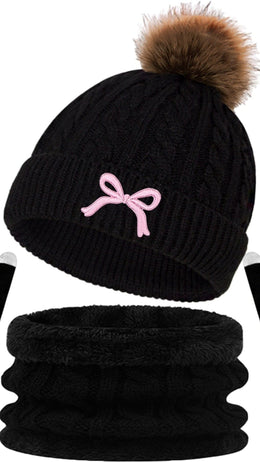 jkthpu-45 Black bow three-piece suit 3Pc Womens Cozy Winter Hat Scarf Gloves Set