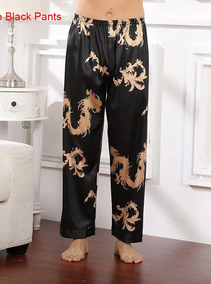 KissICON Black C / XL Mens Dragon Print Satin Kimono Robe  Pants Pajama Set