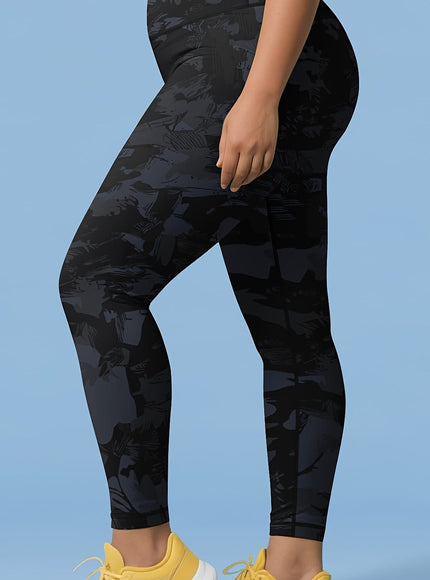 jkthpu-45 Black Camouflage / UK 16 Women'S Plus Size Camouflage High-Waisted Leggings - Stretchy,