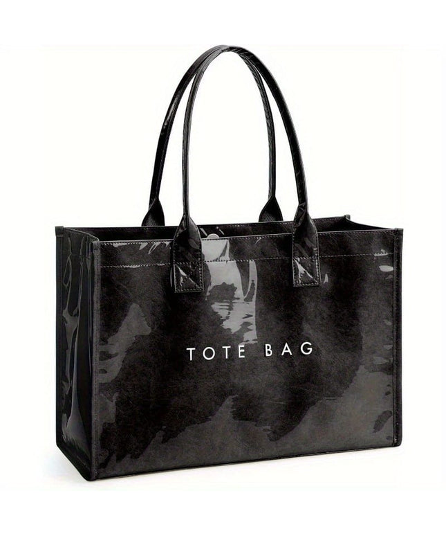 KissICON Black Chic Glossy PVC Tote Elegant Work Travel Shopping Bag