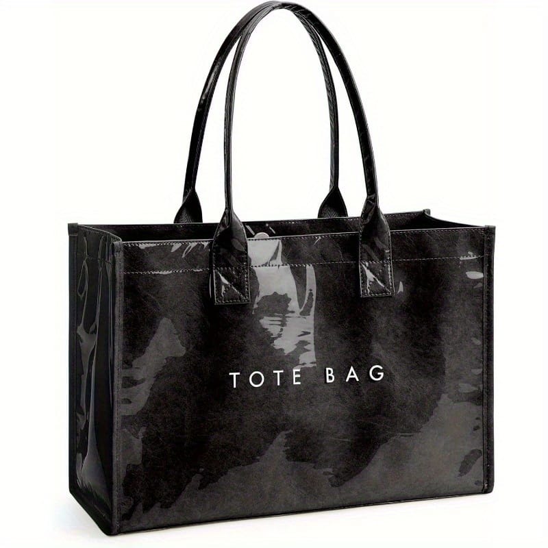 KissICON Black Chic Glossy PVC Tote Elegant Work Travel Shopping Bag