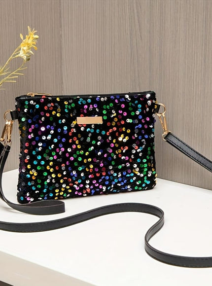 jkthpu-45 Black Chic Shiny Crossbody Unique Zippered Handbag Gift Ready