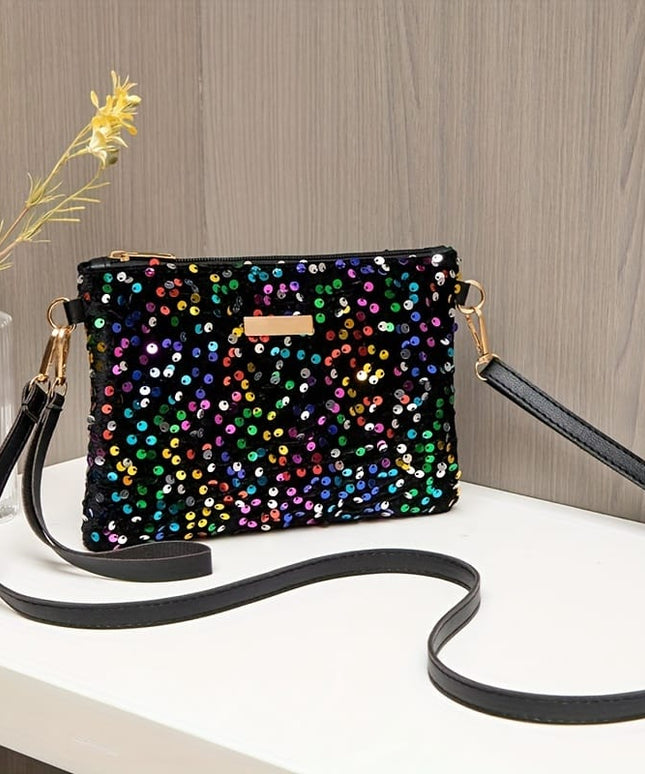 jkthpu-45 Black Chic Shiny Crossbody Unique Zippered Handbag Gift Ready