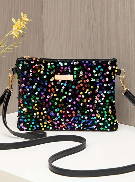 jkthpu-45 Black Chic Shiny Crossbody Unique Zippered Handbag Gift Ready