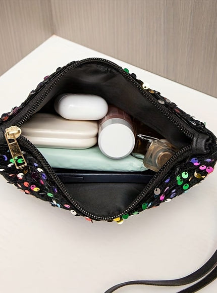 jkthpu-45 Black Chic Shiny Crossbody Unique Zippered Handbag Gift Ready