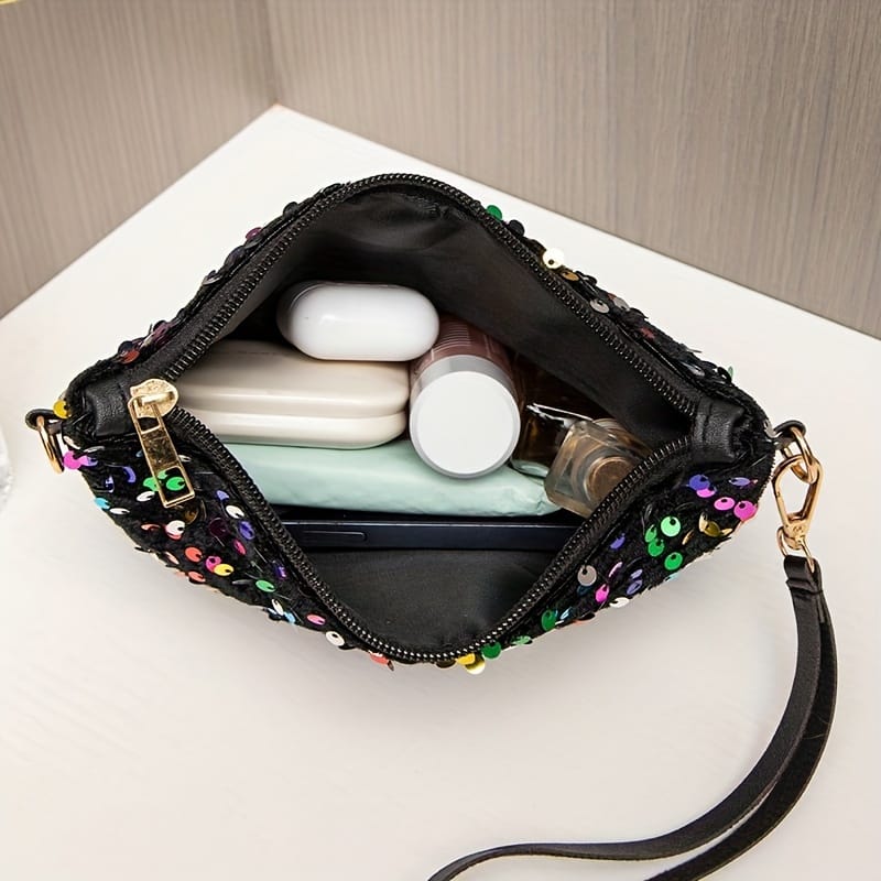 jkthpu-45 Black Chic Shiny Crossbody Unique Zippered Handbag Gift Ready