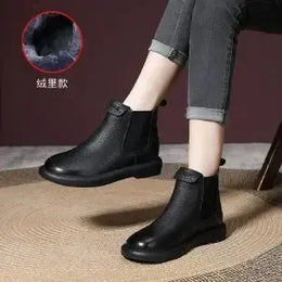 KissICON Black cotton / 38 Retro Genuine Cow Leather Chelsea Boots for Women