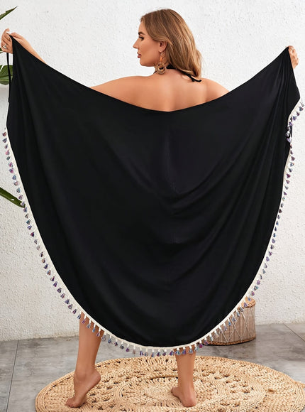 KissICON Black Curve Boho Kimono Smooth Knit Tassels Beach Coverup