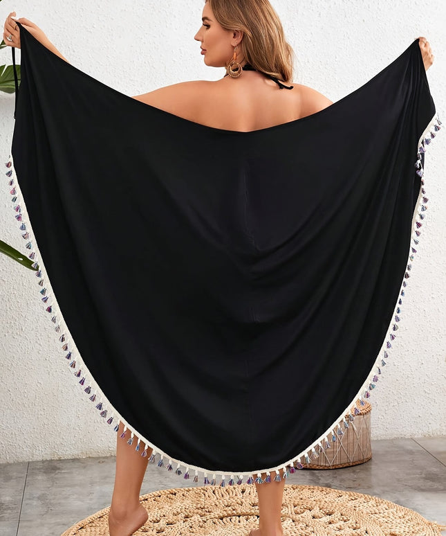 KissICON Black Curve Boho Kimono Smooth Knit Tassels Beach Coverup