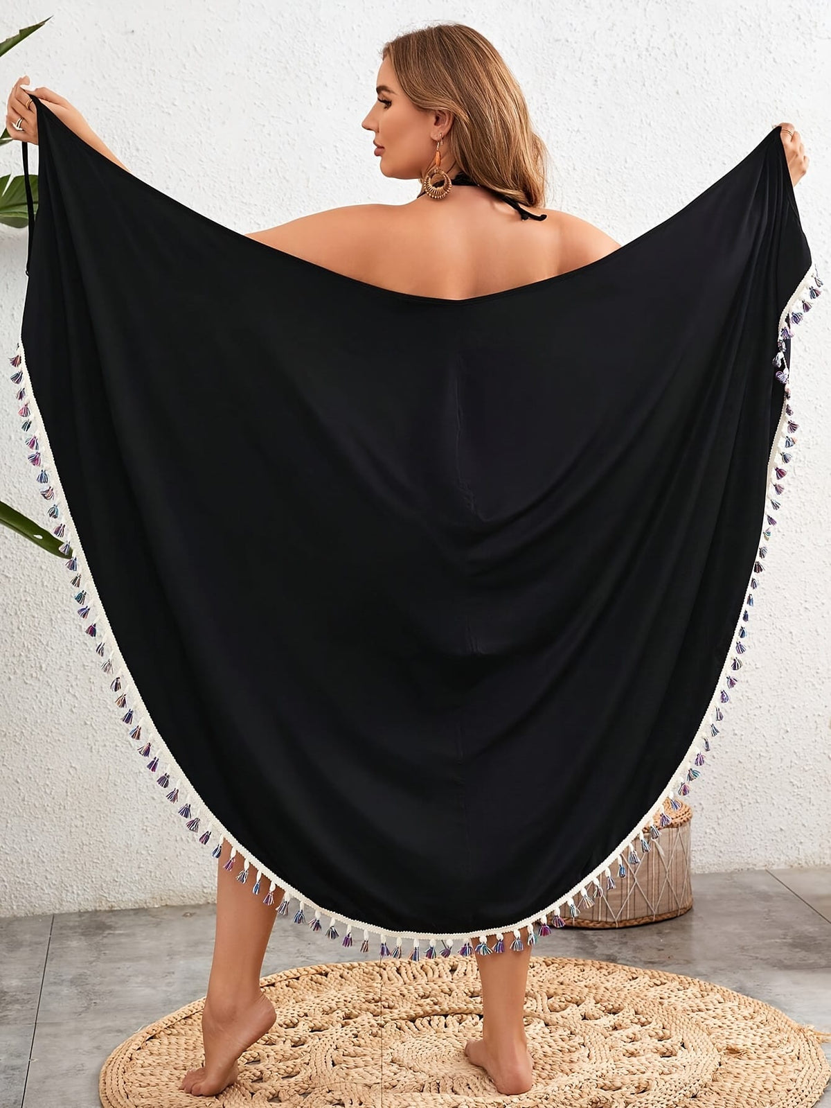 KissICON Black Curve Boho Kimono Smooth Knit Tassels Beach Coverup