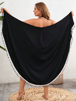 KissICON Black Curve Boho Kimono Smooth Knit Tassels Beach Coverup