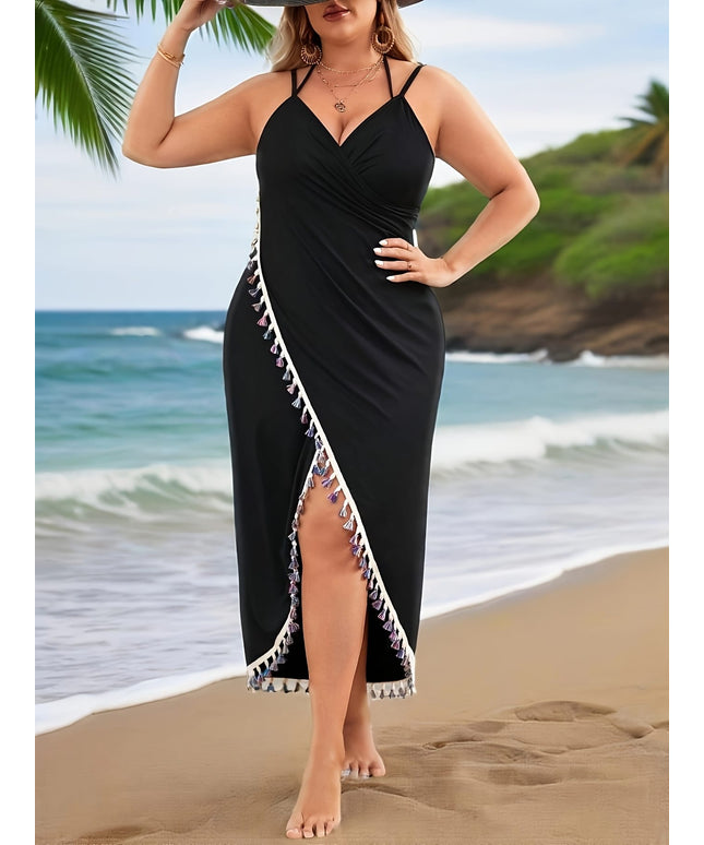 KissICON Black Curve Boho Kimono Smooth Knit Tassels Beach Coverup