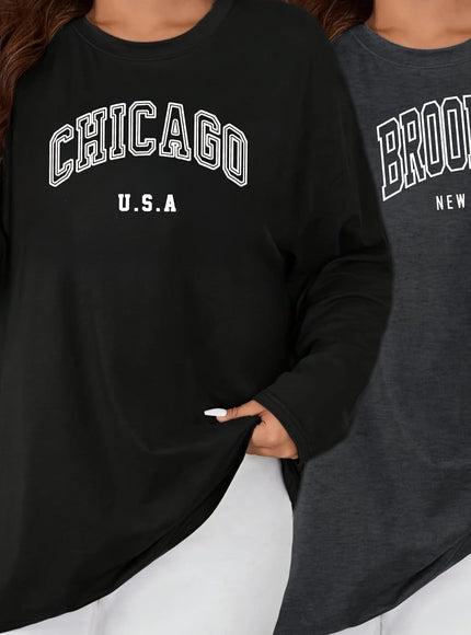 KissICON Black+Dark Grey / UK 18 2pcs Oversized Women's Long-Sleeve T-Shirts - Soft Casual Polyester Tees with "CHICAGO U.S.A." & "BROOKLYN NEW YORK" Prints, Relaxed Fit, 1XL-5XL, Perfect for Spring & Summer Wardrobe
