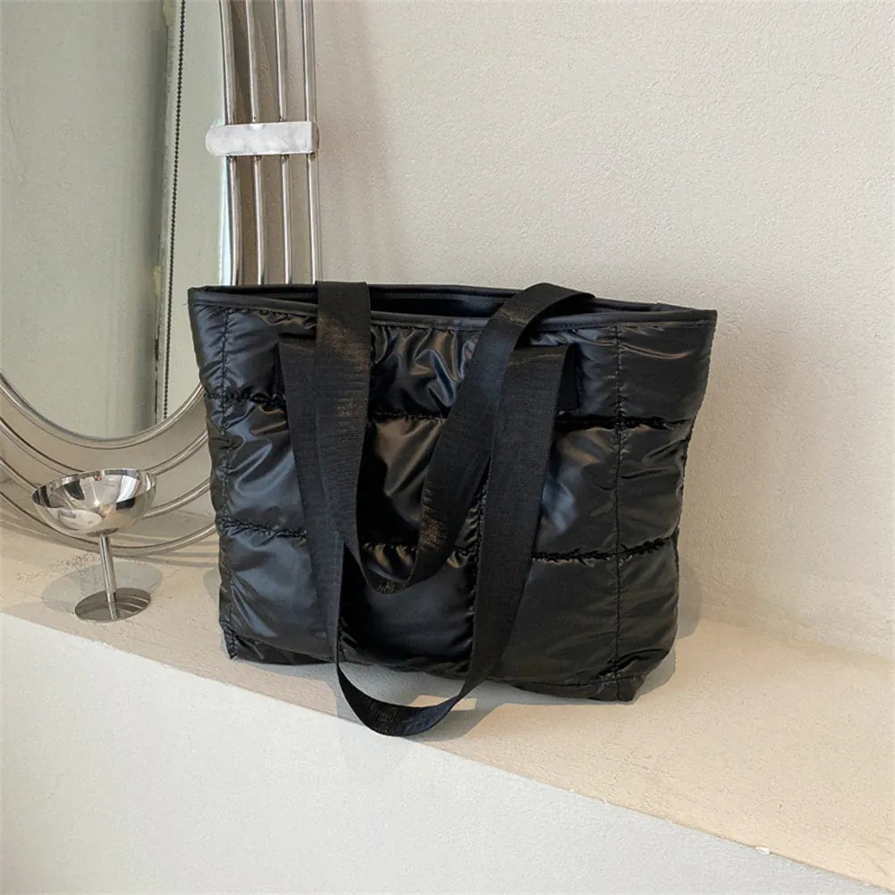 Dropshipman black Fashion Ladies Tote Handbags Large Capacity Cotton Padded Shopping Bag Rhombus Portable Handbag Quilted Solid for Leisure Travel