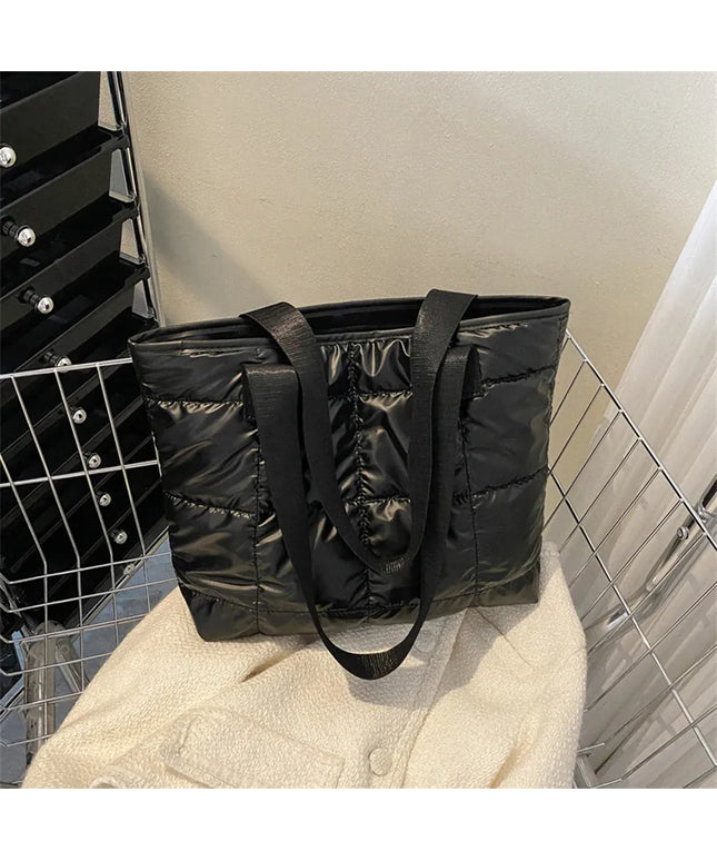 Dropshipman black Fashion Ladies Tote Handbags Large Capacity Cotton Padded Shopping Bag Rhombus Portable Handbag Quilted Solid for Leisure Travel