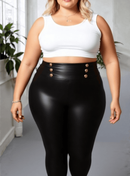KissICON Black Faux Leather Leggings with Gold Button Detail