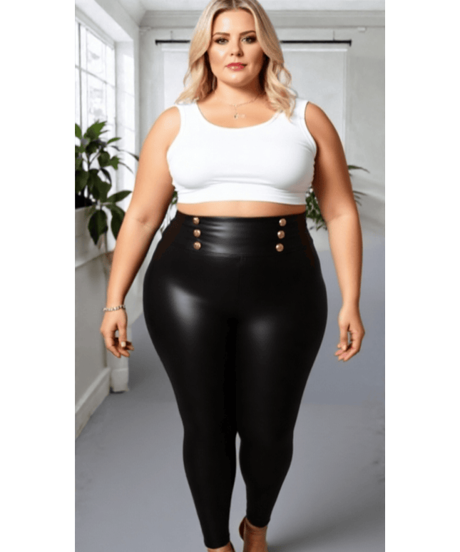 KissICON Black Faux Leather Leggings with Gold Button Detail
