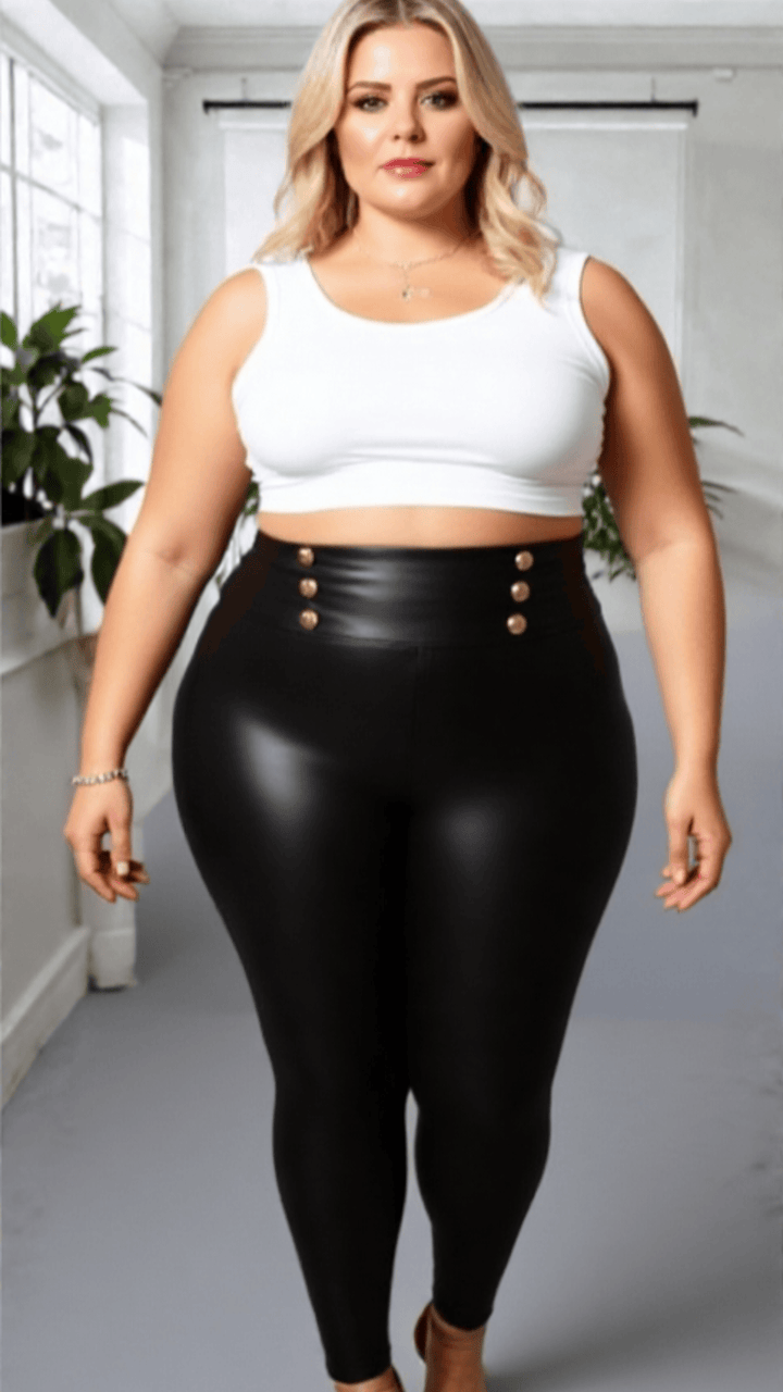 Black Faux Leather Leggings with Gold Button Detail