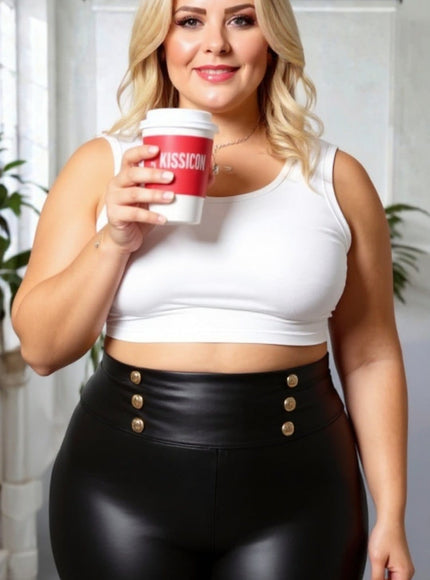 KissICON Black Faux Leather Leggings with Gold Button Detail