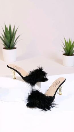 KissICON Black Feather Mule Heels with Gold Heel