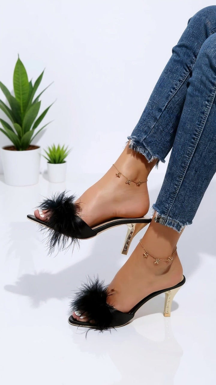 Black Feather Mule Heels with Gold Heel